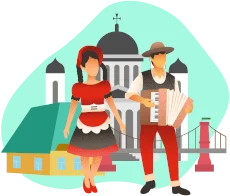 Illustratie van een man en vrouw in traditionele Hongaarse kleding voor een kerk, met een accordeon
