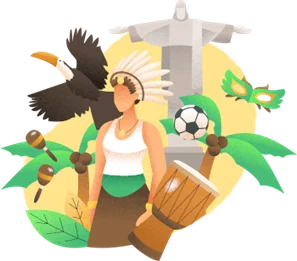 Braziliaanse collage met een gevederde hoofdtooi, trommel, voetbal, Braziliaanse vlag, tropische bladeren en een vogel