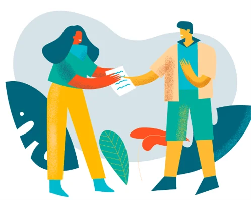 Professionele websitevertaling en lokalisatie voor internationale doelgroepen Illustratie van twee personen die een document aan elkaar overhandigen