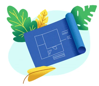 Illustratie van een opgerolde blauwe technische bouwtekening met lijnen en maatvoering