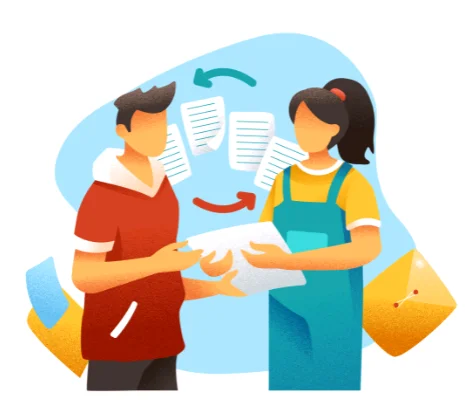 Choose the professional translation service that fits your document, deadline and purpose Two illustrated people exchanging a document with arrows and papers between them
