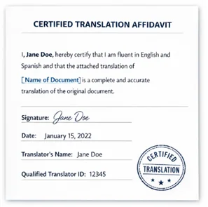 Example of a translation affidavit as included in your certified translation project at Fasttranslator.com