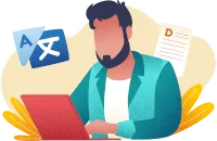 Bearded man working on a red laptop beside language symbols and a document