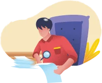 Person seated at a desk reviewing papers with a magnifying glass