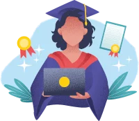 Graduate wearing a cap and gown while holding a laptop, with certificates and award symbols