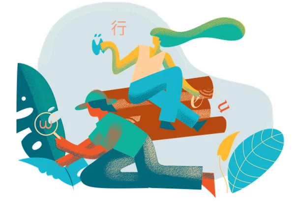 Illustration of two people using mobile devices among large leaves and language symbols