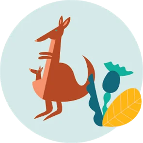 Illustration of a kangaroo with a joey beside stylised flowers and leaves