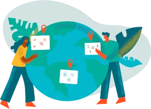 Two illustrated people beside a globe holding signs with different writing systems and location pins