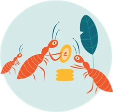 Three illustrated ants around a stack of coins, with one ant holding a euro coin