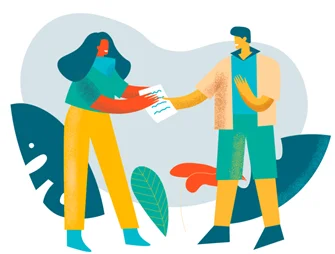 Two illustrated people facing each other and exchanging a sheet of paper