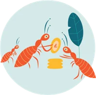 Three illustrated ants around a stack of coins, with one ant holding a euro coin