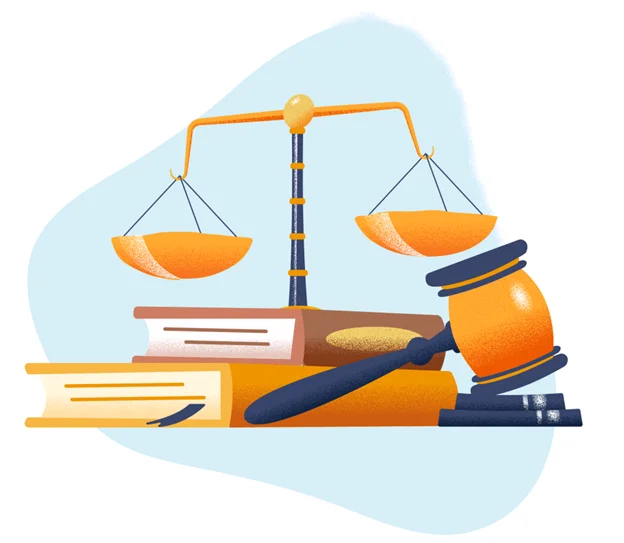 Scales of justice, a gavel and a stack of books or documents