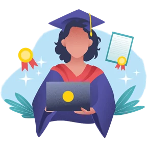 Graduate in a cap and gown holding a laptop, with a diploma and award symbols