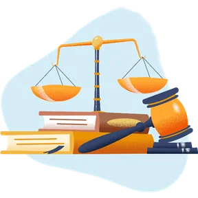Scales of justice, a gavel and stacked books or documents
