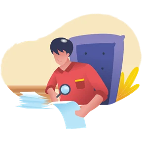 Person seated in a chair reviewing papers with a magnifying glass