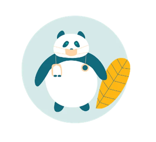 Panda dressed as a doctor, wearing a face mask and stethoscope