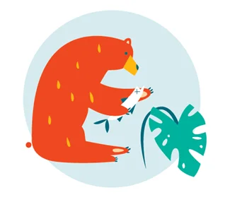 Stylized orange bear holding a small flower among leaves