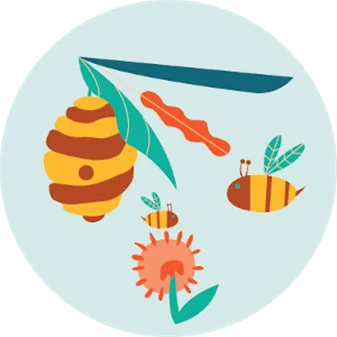 Illustration of a beehive with bees, a flower and leaves