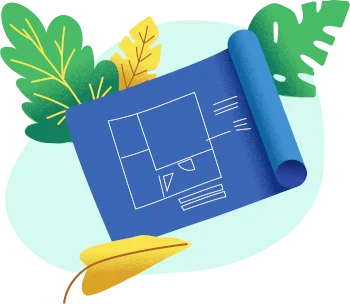 Rolled blue technical drawing or blueprint with line drawings, surrounded by leaves