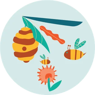 Illustration of a beehive with bees, a flower and leaves
