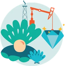 Illustration combining an oil pumpjack and derrick with a pearl in a shell and a large diamond