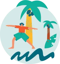 Illustration of a surfer carrying a board among palm trees and waves