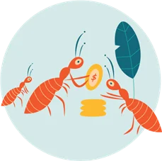 Three illustrated ants around a stack of coins, including one ant holding a coin with a dollar sign