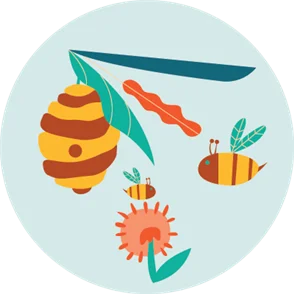 Stylized beehive with two bees, a flower and leaves