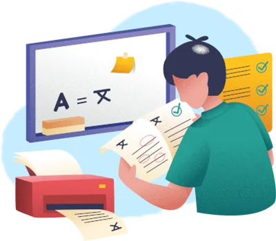 Person reviewing documents beside a screen with characters and a printer, with a checklist in the background