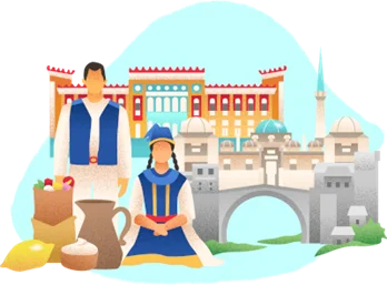 Man and woman in traditional Bosnian clothing near a stone bridge, mosque and local food or pottery