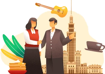Man and woman shaking hands with a tall city building, guitar, cap and books