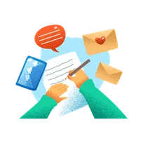 Hands writing on a document with a speech bubble, envelopes and a mobile device