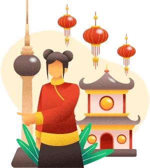 Woman in red traditional-style clothing holding a large writing brush, with red lanterns and Chinese buildings