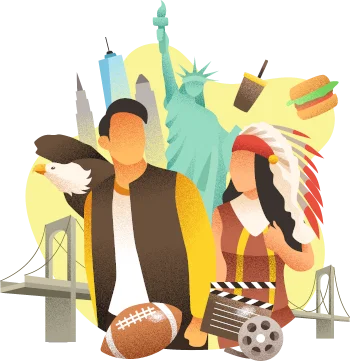Man and woman surrounded by United States symbols including the Statue of Liberty, bald eagle, American football and film imagery