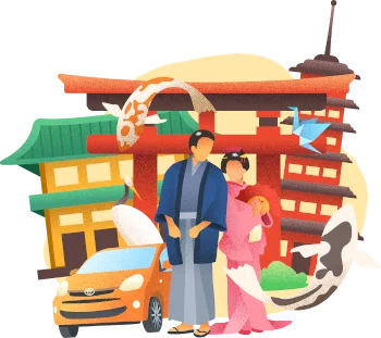 Man and woman in front of Japanese buildings with a kimono, koi fish, sushi and a car