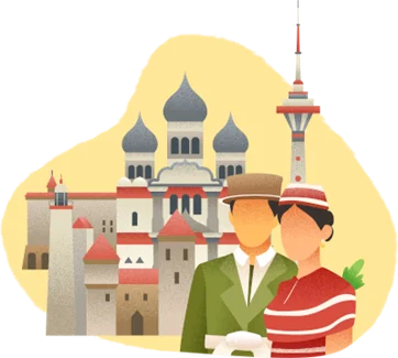 Man and woman in traditional Estonian clothing in front of a church and historic buildings