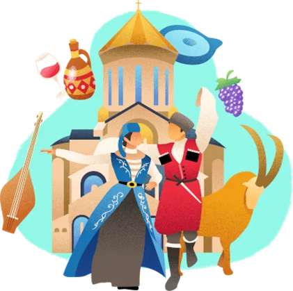 Man and woman in traditional Georgian clothing in front of a church, with a goat, grapes and decorative objects