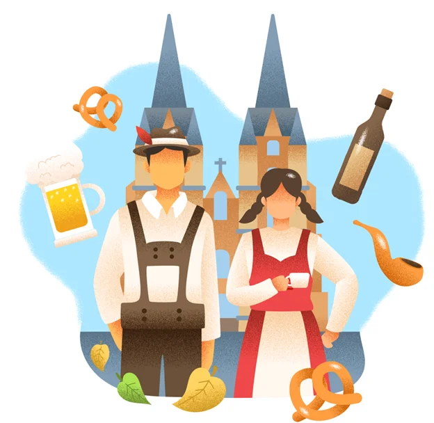 Man and woman in traditional German-style clothing with church towers, pretzels, beer and other German-themed objects