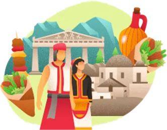 Man and woman in traditional Greek clothing in front of classical columns and whitewashed buildings, with produce