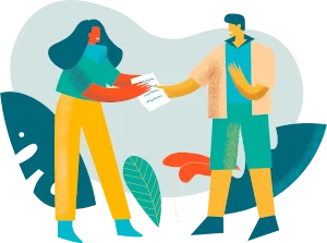 Illustration of a woman handing a document to a man, surrounded by large decorative leaves