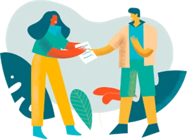 Illustration of a woman handing a document to a man, surrounded by large decorative leaves
